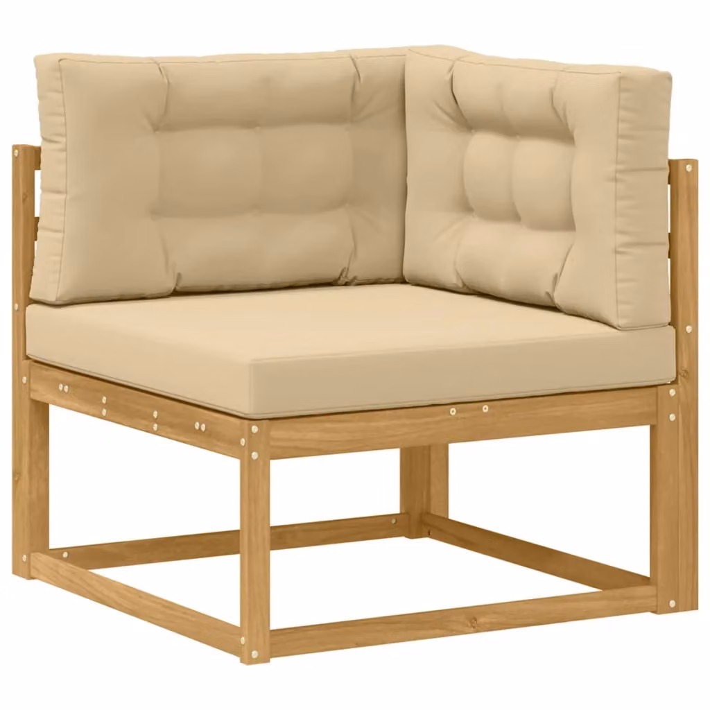 Divano Angolare da Esterno Componibile Design In in Legno di Acacia con Cuscini Bianchi e Beige