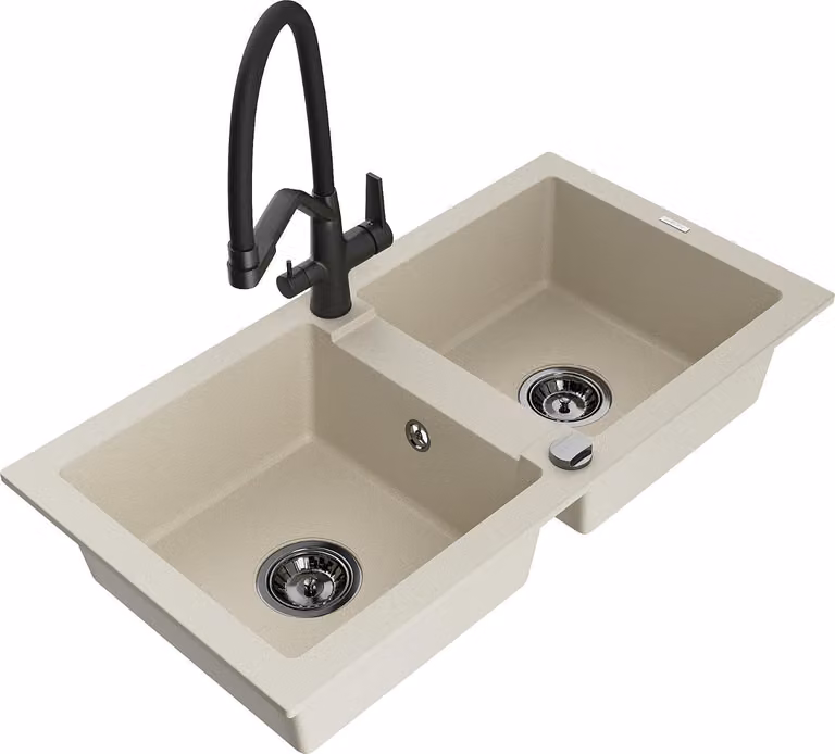 Mexen Mario lavello in granito a 2 vasche con miscelatore Duo, beige - 6504-69-671701-70-B