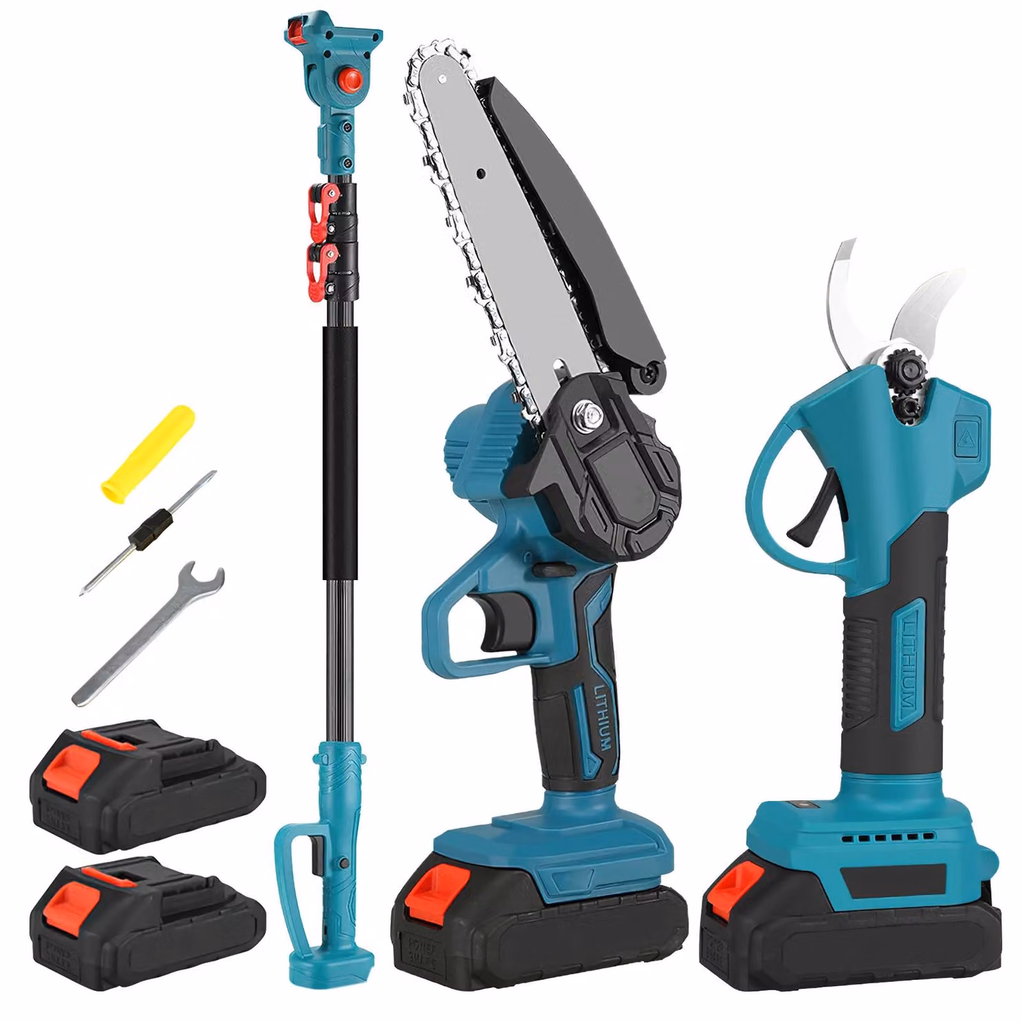 Potatore elettrico, asta telescopica, motore brushless, 2 batterie con sega