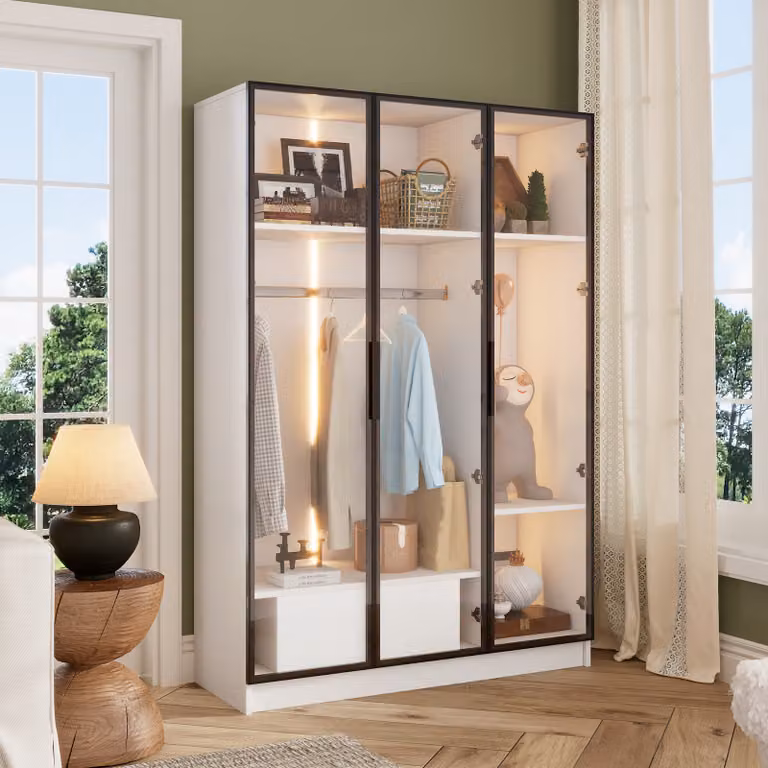 Armadio MODFU con 3 ante in vetro, 1 cassetto e 1 appendiabiti, camera da letto, soggiorno, armadio per bambini con luce LED, in truciolato, bianco, 110*50*160 cm