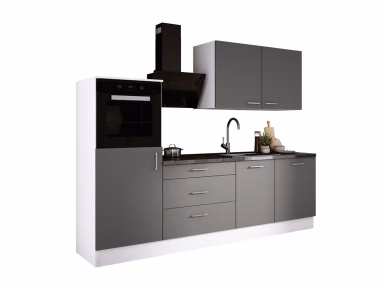 Set da cucina: tre cassetti, cinque ante, otto ripiani, colore: bianco / grigio opaco