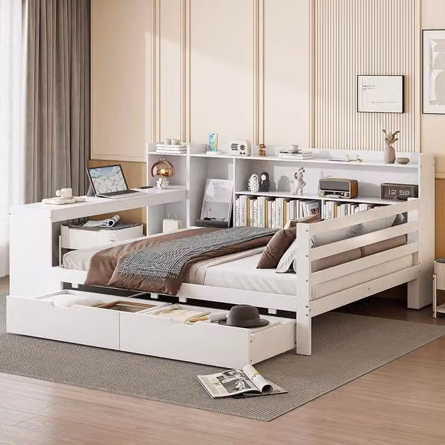 Divano letto-Xylo-140x200 cm-libreria, 2 contenitori, prese, legno bianco