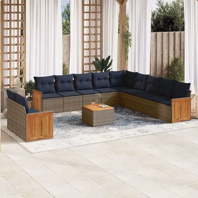 Set di divani da giardino a forma di U vidaXL in polyrattan con cuscini blu e grigi e tavolino da esterno – 1