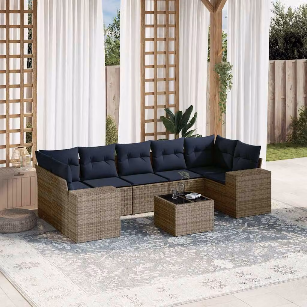 Set Divani da Giardino vidaXL 8 Pezzi in Polyrattan Grigio con Cuscini e Tavolino da Esterno a Forma di L