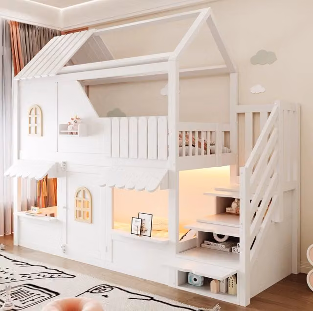 Letto a castello per bambini 90x200 cm in legno bianco con design a casetta, LED colorati, scaletta con ripiani e sbarre di sicurezza