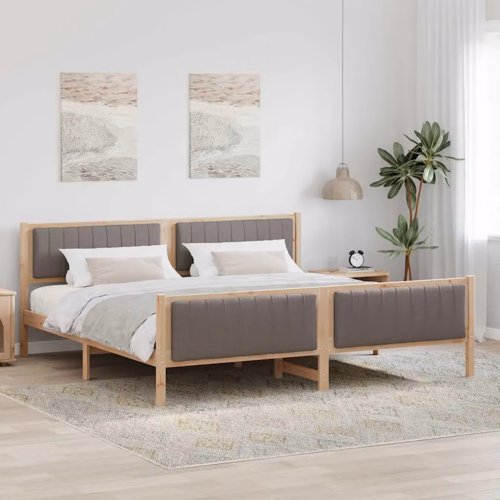 Struttura del letto con testiera vidaXL in legno di pino e tessuto, Marrone e Beige, 200 x 200 cm – 1
