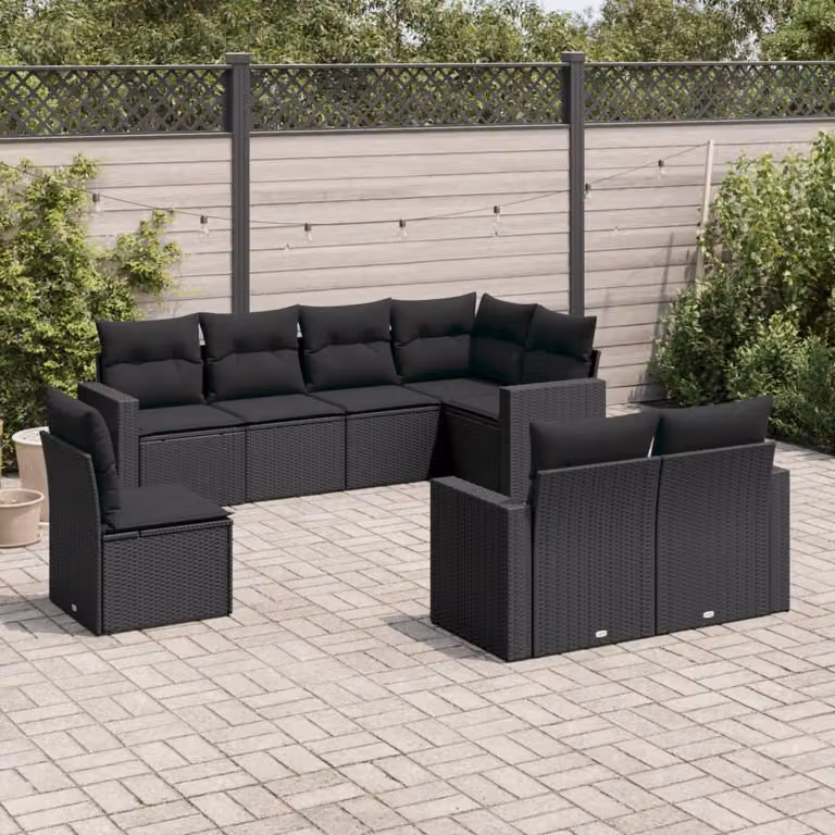 Set Divani da Giardino a L vidaXL in Polyrattan Nero con 8 Cuscini e Struttura in Acciaio