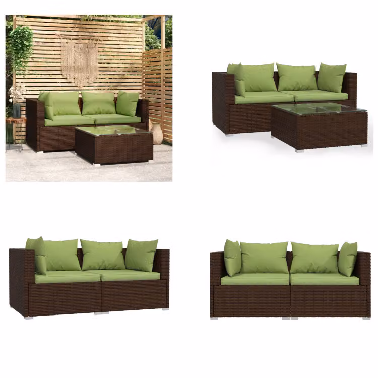 vidaXL set salotto da giardino 3 pezzi con cuscini in poly rattan marrone - set salotto da giardino - set salotto da giardino - divano e tavolo - set salotto da patio