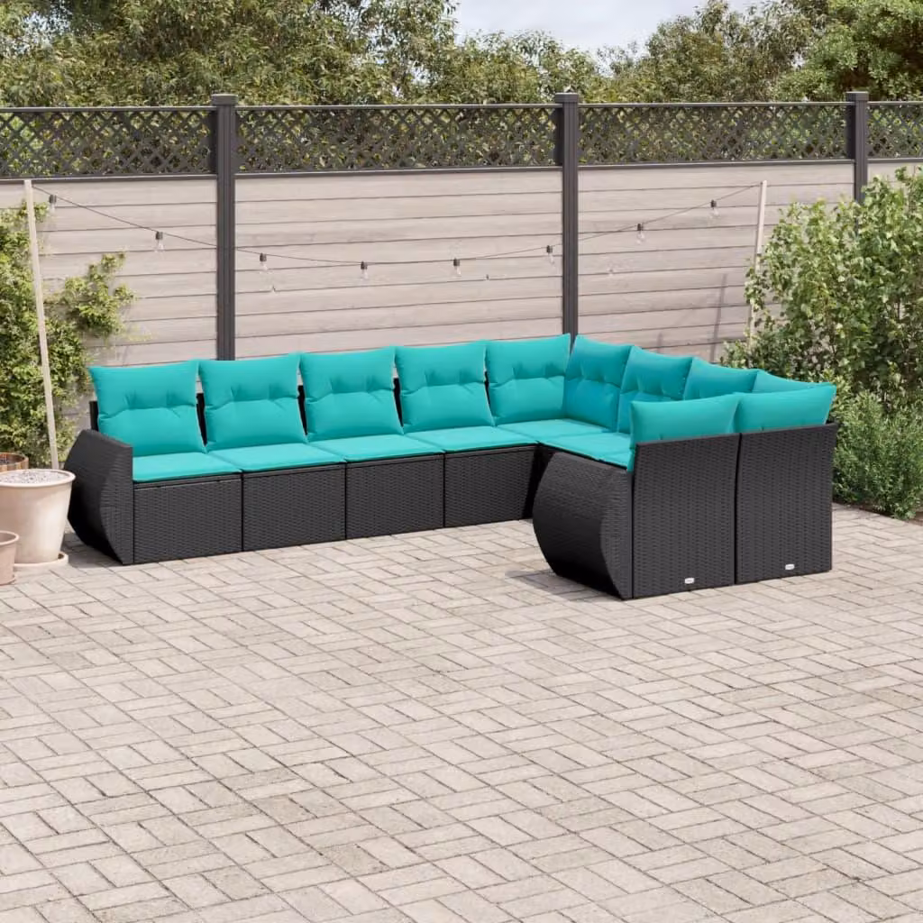 Maison Exclusive - Set di 9 pezzi per giardino con cuscini, polyrattan nero