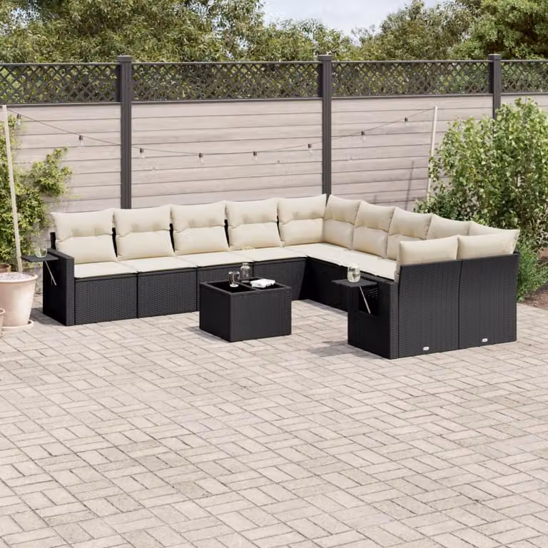 vidaXL Set Divani da Giardino 11 pz in Polyrattan Nero con Cuscini e Tavolino da Esterno