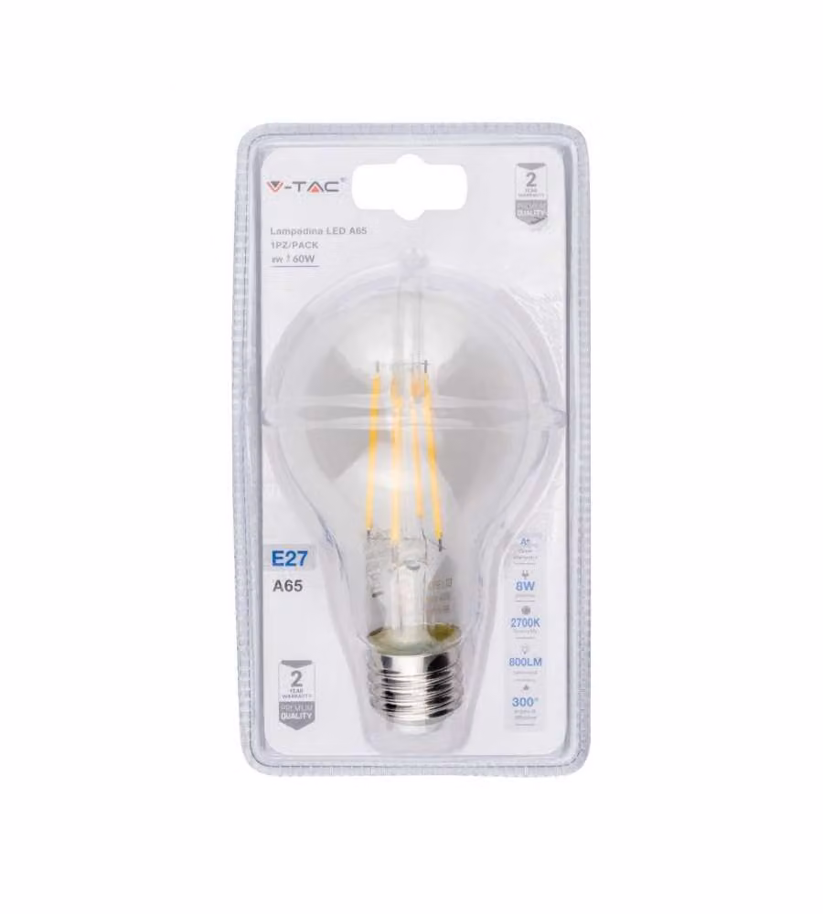 Lampadina LED E27 8W A65 Filamento 2700K (Blister 1 Pezzo)
