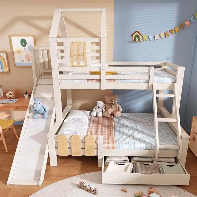 Letto a castello-Xylo-90x200+140x200cm, cassetto, scivolo, design cabina