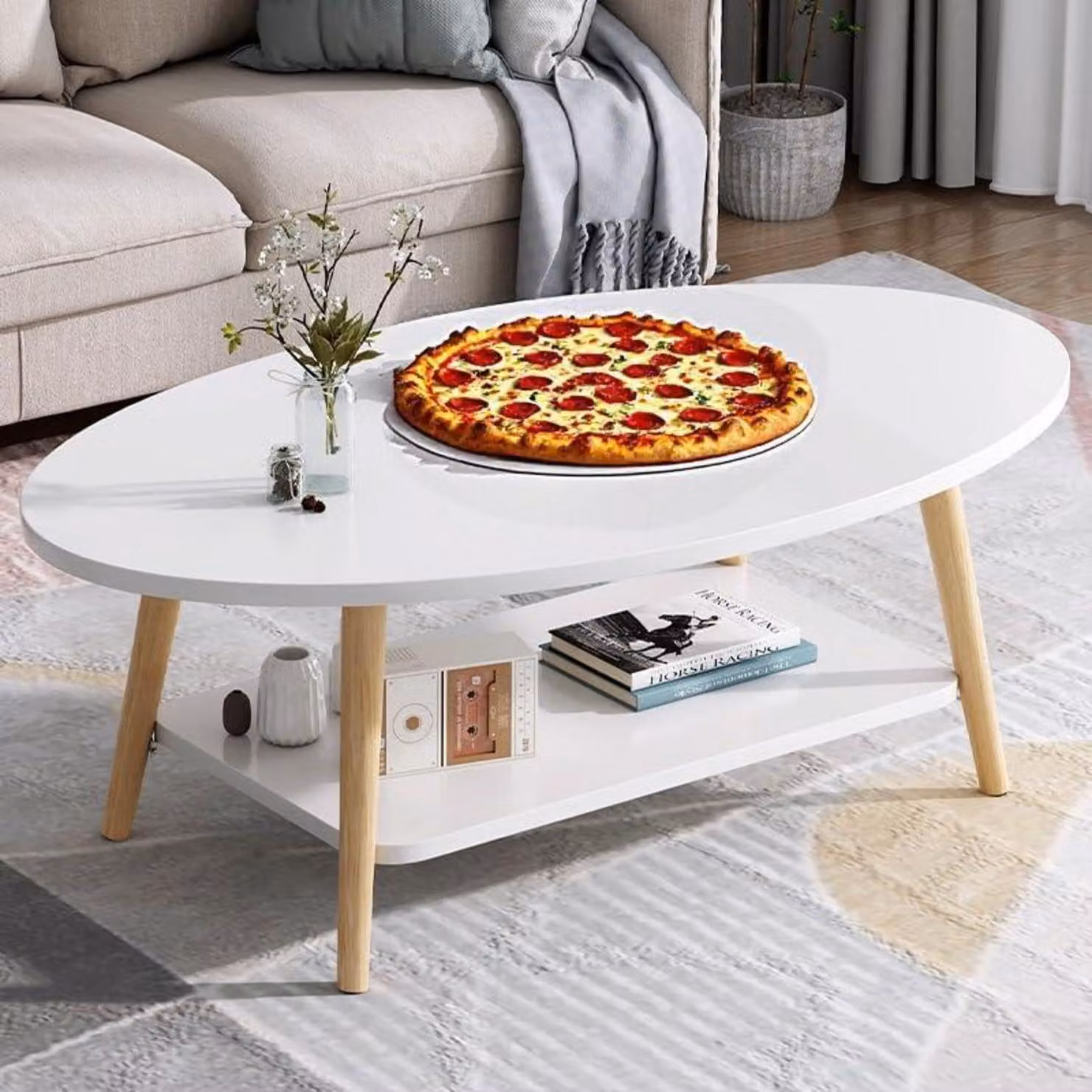 Tavolino ovale, bianco, in legno di pino, con 2 ripiani, dimensioni 80x40 cm
