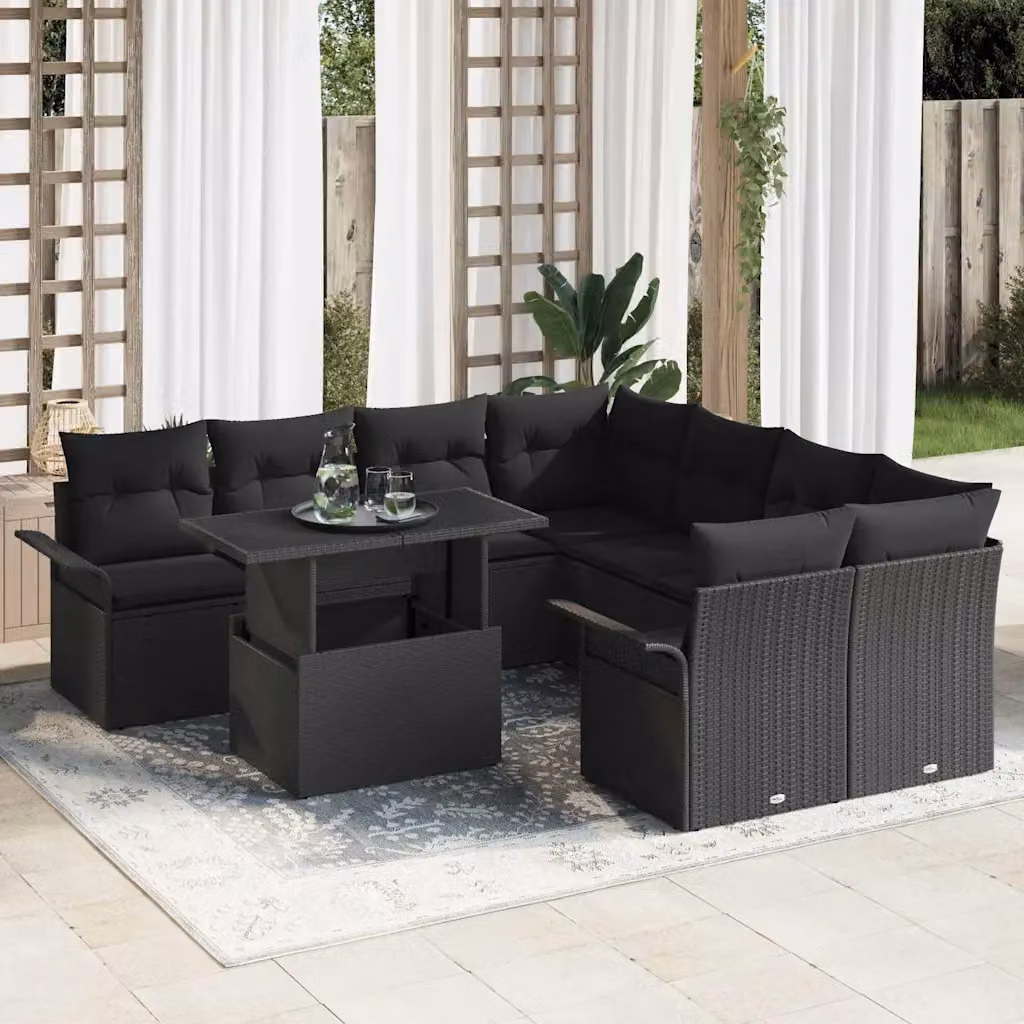 Set Divano da Giardino Moderno vidaXL 9 Pezzi Nero con Tavolino e Cuscini in Tessuto Resistente ai Raggi UV – 1