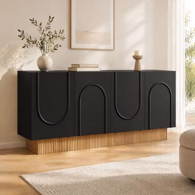 Madia Mivray a 4 ante con rilievo a U, finitura nera opaca ed effetto legno per soggiorno e sala da pranzo, L: 160 cm, P: 38 cm, H: 75 cm