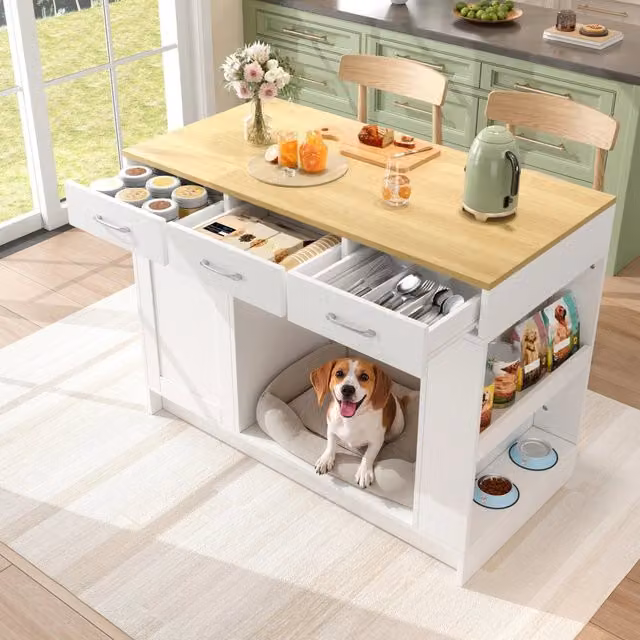Isola da cucina REDOM moderna con 3 cassetti e area pet in MDF bianco e marrone L/P/H: 120 x 60 x 90 cm