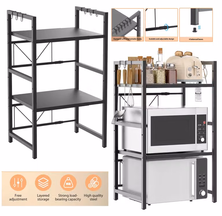Ripiano per microonde - Scaffale da cucina - 3 livelli - Acciaio robusto - Estensibile - 6 ganci - Nero