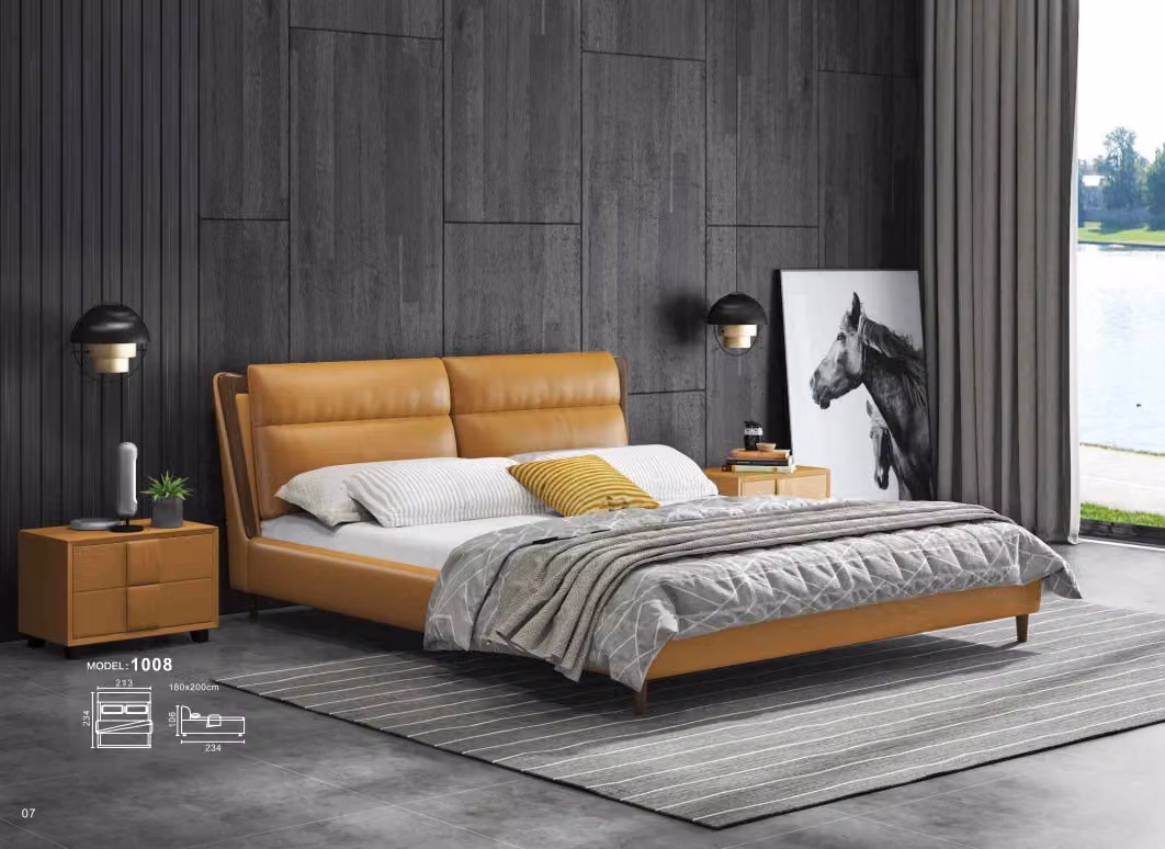 Design Leder Bett Luxus Polster Betten Doppel Schlafzimmer 180x200 Orange Möbel