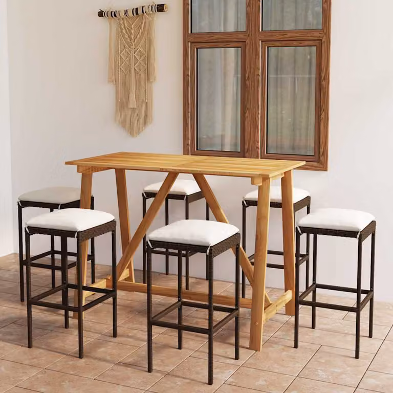 Set Bar da Giardino vidaXL in Legno di Acacia con Cuscini, 7 Pezzi, Marrone e Beige