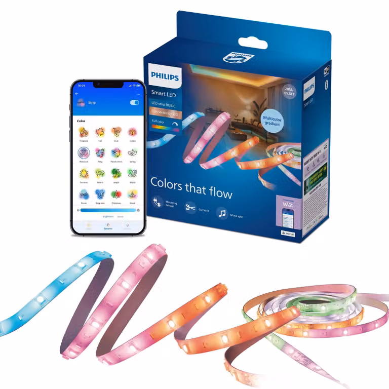 Striscia LED RGBIC intelligente Philips, 20 metri, tipo C, connessa tramite WiZ, striscia LED intelligente, Wi-Fi/Bluetooth, bianca, Wi-Fi 4 (802.11n), 802.11b, 802.11g, LED, plastica