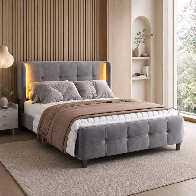 Letto matrimoniale imbottito 140x200 cm con LED 16 colori; testiera regolabile in velluto grigio