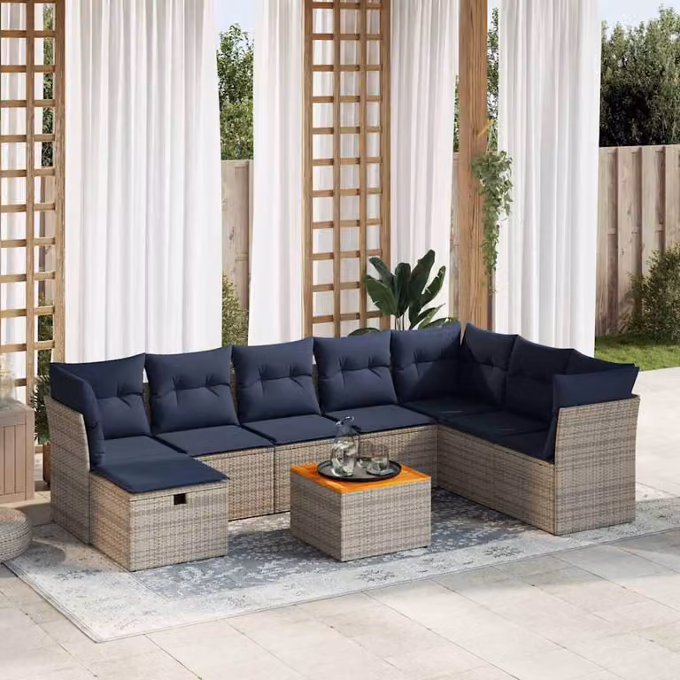 Set Divano da Giardino vidaXL 9 pz a forma a U in Polyrattan con Cuscini e Tavolino, Grigio