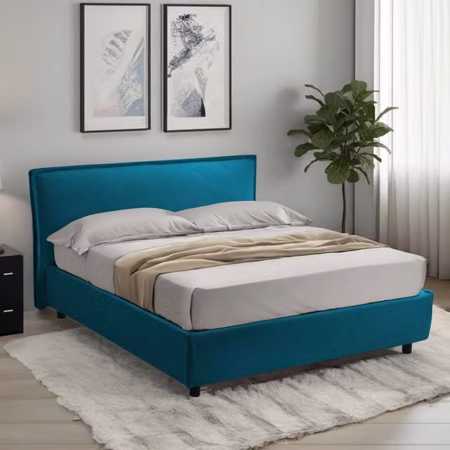 Letto alla francese Broni con materasso incluso, base contenitore lift up, colore azzurro, L 120 x P 200 cm – 1