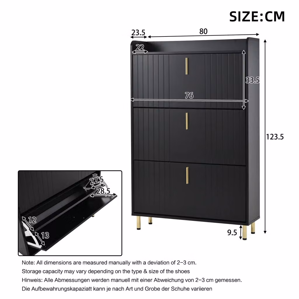 Set da 2 pezzi di scarpiera REDOM moderna in nero e oro con ripiani regolabili L/P/H: 80 x 23 x 123,5 cm – 2