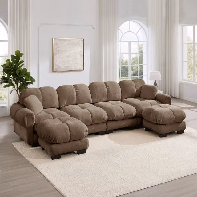 Divano ad angolo modulare a U OKWISH in tessuto marrone con cuscini mobili, L: 330 cm, P: 149 cm, H: 90 cm