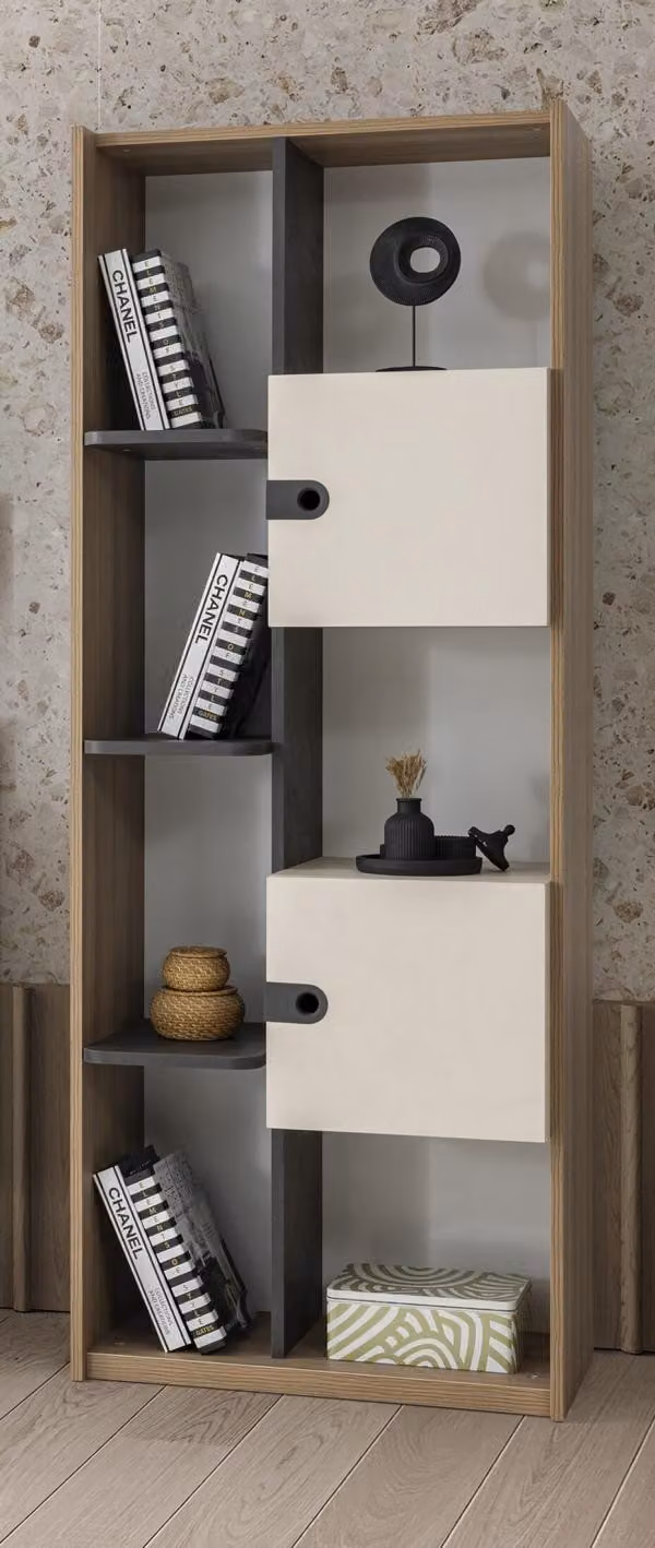 Bücherregal Modern Offene Fächer Türen Holzoptik Creme Stilvolles Design Möbel