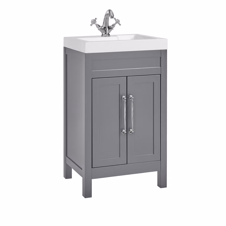 Mobile Bagno Grigio Chiaro da 500mm con Lavabo e Maniglie Classiche con Barra a T Cromato - Warwick