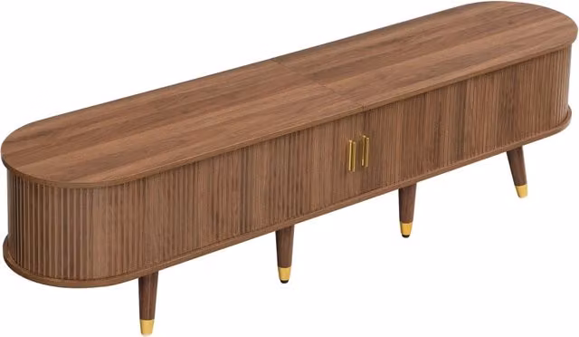 Set soggiorno 3 pezzi in MDF noce con tavolino regolabile, mobile TV e credenza con ante scorrevoli e maniglie dorate