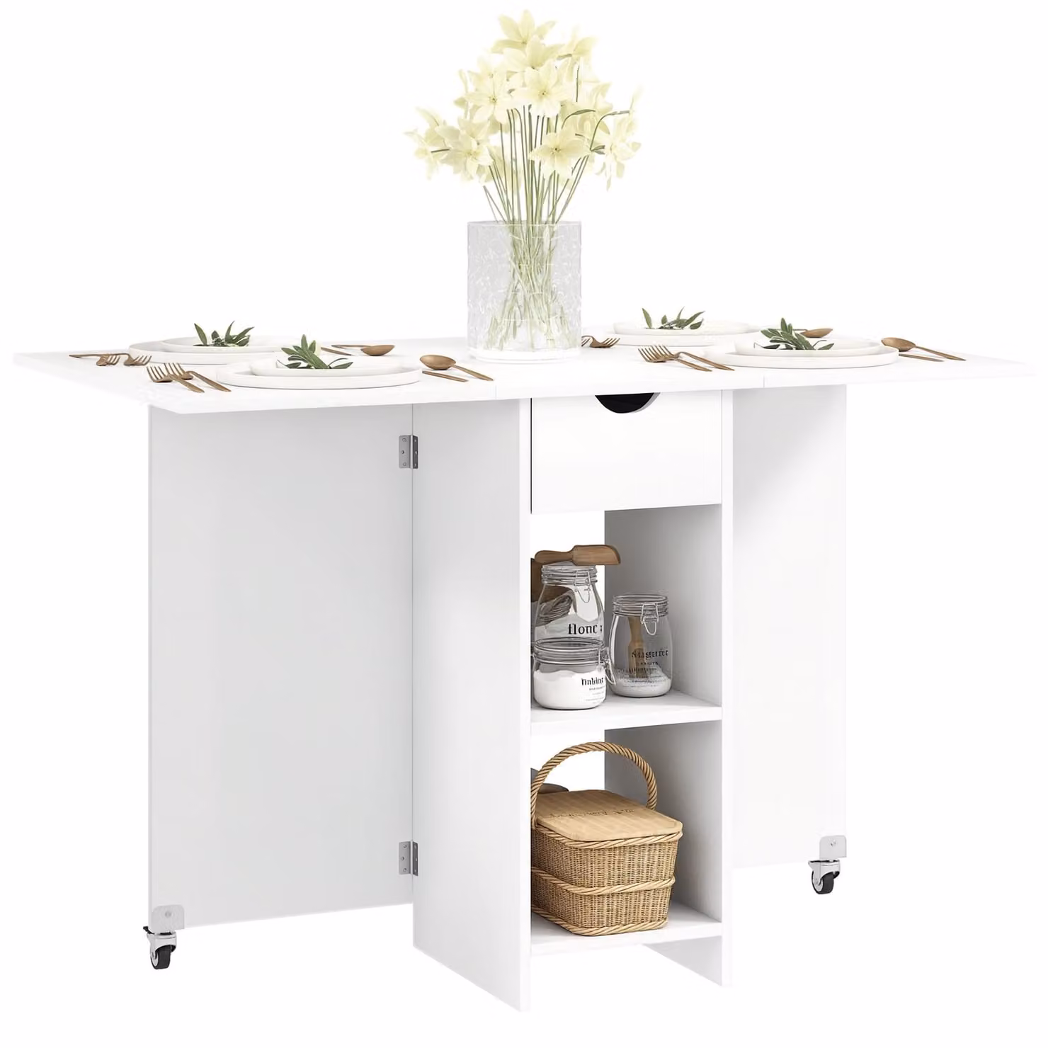 HOMCOM Tavolo da pranzo pieghevole Tavolo da cucina mobile per 2-4 persone con ripiani aperti