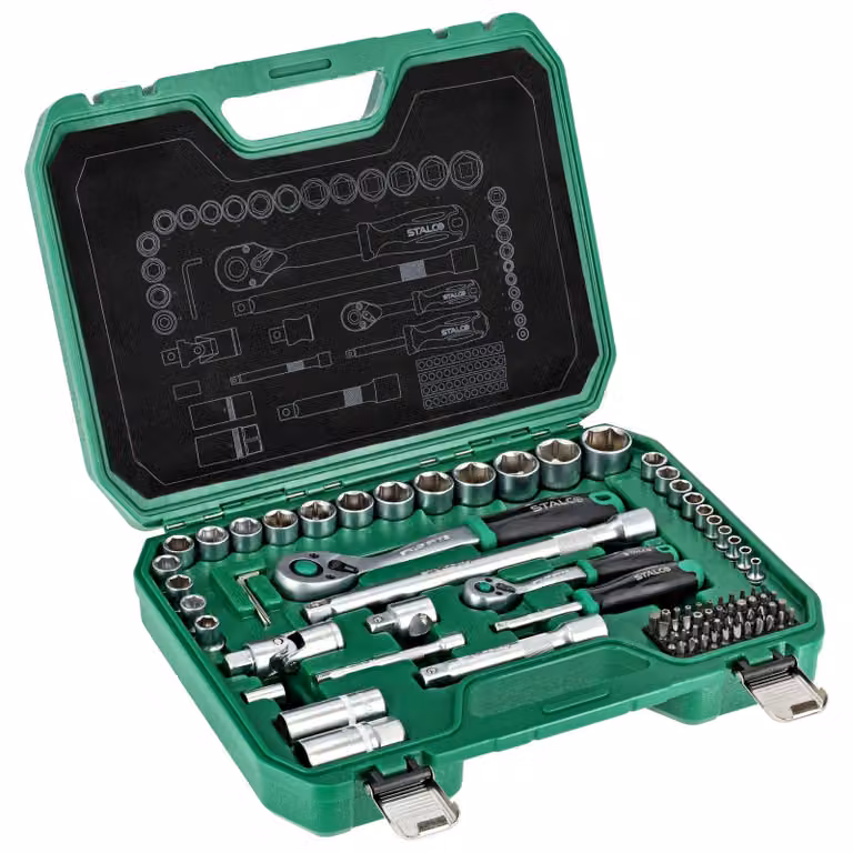 Set di chiavi a bussola 1/2˝ e 1/4˝, valigetta BMC, 84 pezzi, con cricchetto a 90 denti. Chiavi a bussola STALCO S011100084