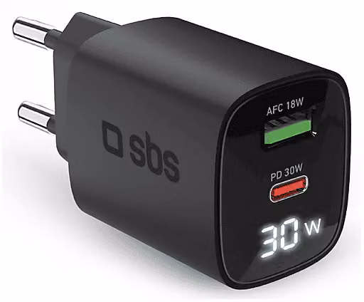 Caricabatteria SBS da 30W con Display LCD e porte USB-C e USB-A, Nero