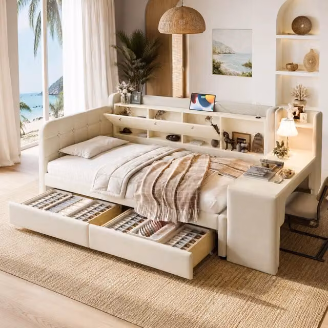 Letto REDOM in lino beige con 2 cassetti, scrivania e porte USB e Tipo C, L/P: 90 x 200 cm