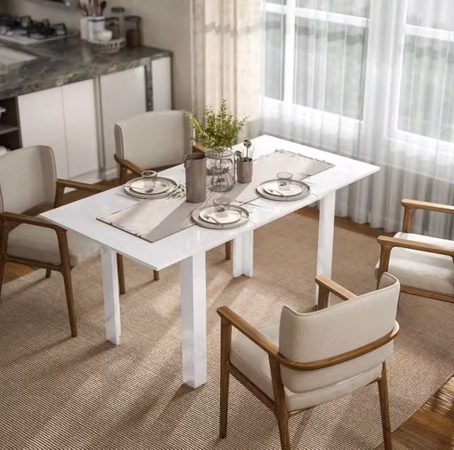 Tavolo da pranzo allungabile 120-160x80 cm in MDF bianco lucido per 4-6 persone