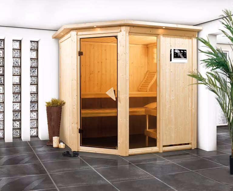 Sauna Karibu Fiona 1 (ingresso angolare), porta interamente in vetro, finitura bronzo, stufa da 9 kWcon comando esterno easy