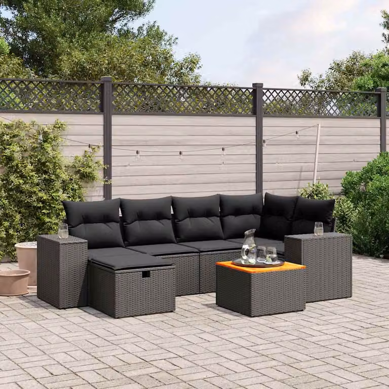 vidaXL Set Divani da Giardino a L con Cuscini 7pz Nero in Polyrattan e Acciaio