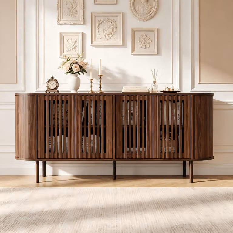 Mobile contenitore laterale Merax con 4 ante scorrevoli forate, armadio contenitore con ripiani interni regolabili, mobile buffet in MDF, gambe in metallo, finitura noce