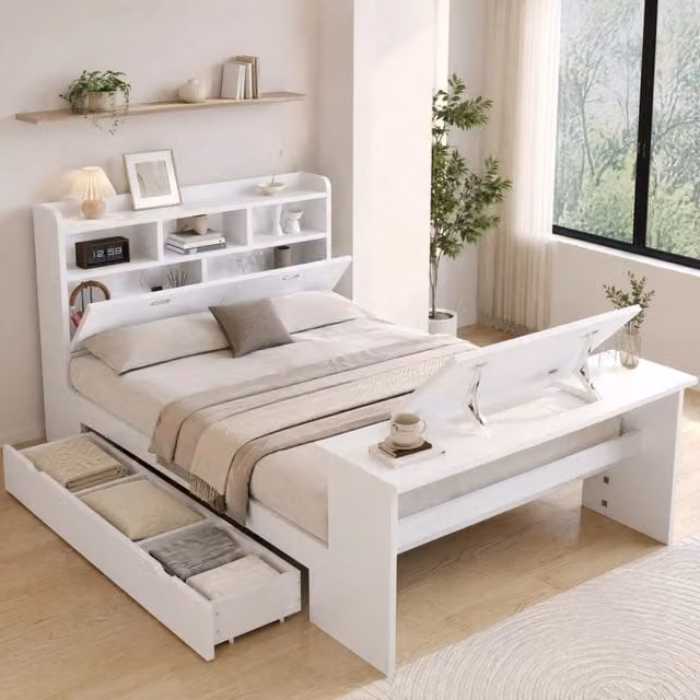 Letto per adulti 140 × 200 cm con cassetto contenitore e tavolo pieghevole, senza materasso, in legno, bianco