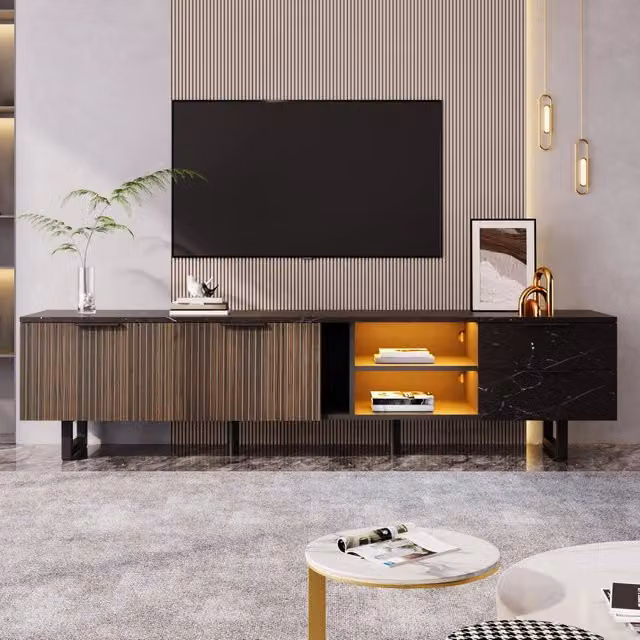 Mobile Porta TV 200cm ¨C MINIMAL ¨C Effetto Marmo Nero, Ante Legno, LED, 2 Cassetti
