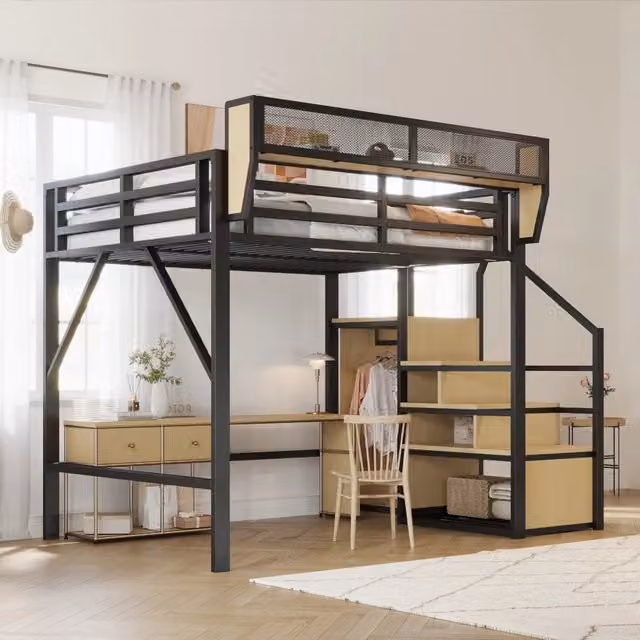 Letto a soppalco 140x200 in metallo con scala di sicurezza; nero e bianco