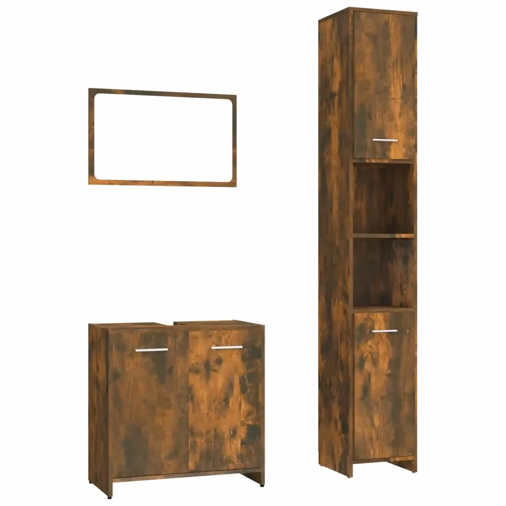 Set Mobili da Bagno Moderno vidaXL in Legno Rovere Marrone composto da Base Lavabo, Pensile con Specchio e Armadietto Alto L/P/H: 60 x 33 x 183,5 cm – 2