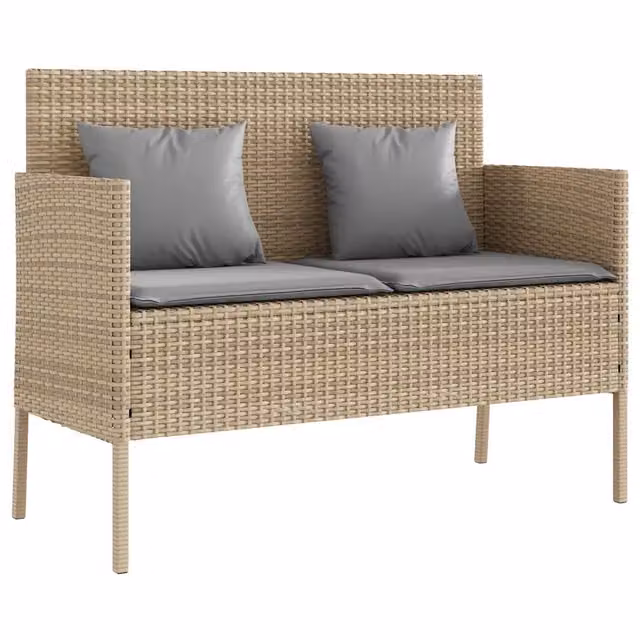 Panchina da giardino moderna in polyrattan con cuscini beige e grigi e braccioli