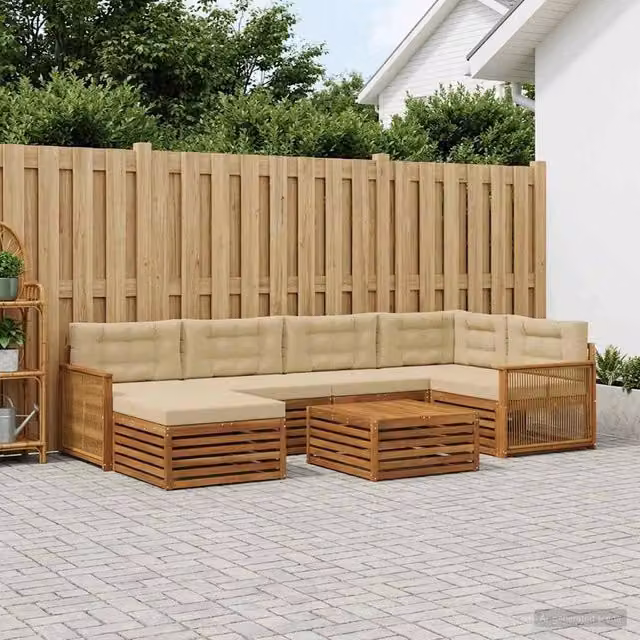 Set di divani da esterno a L vidaXL in legno di acacia con 7 pezzi, colore beige e marrone, comprensivo di tavolino e pouf – 1