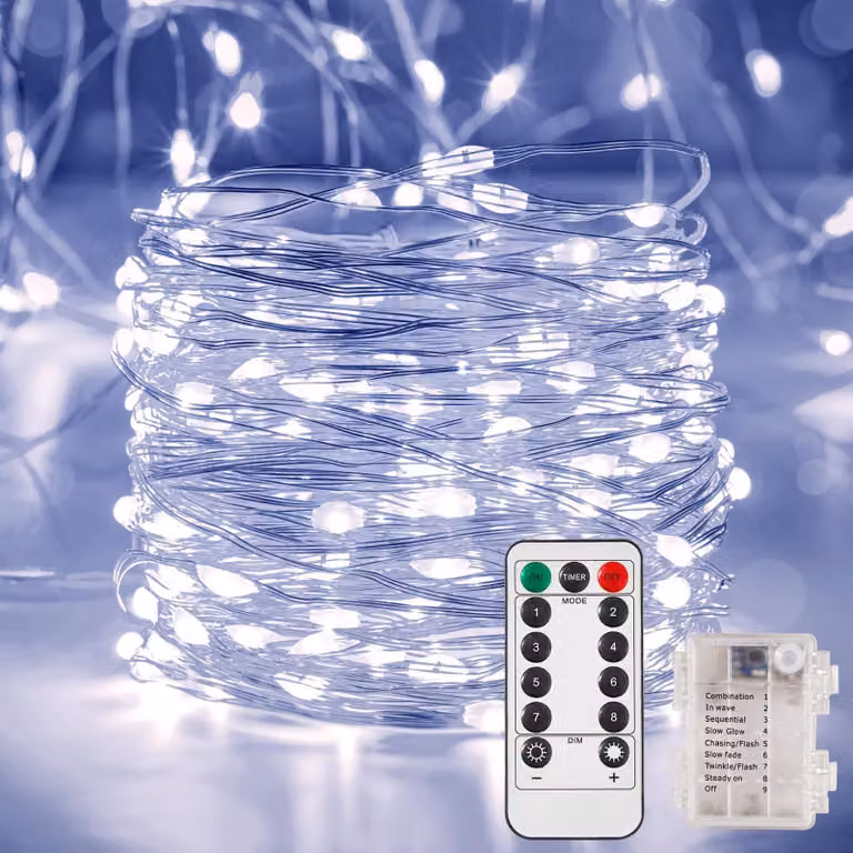 Catena luminosa a LED, 10 metri, 100 LED bianchi freddi, alimentazione a batteria, con telecomando