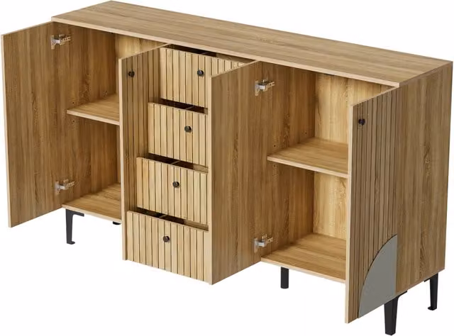 Armadio moderno in legno con 4 ante e 4 cassetti, 160x36x94 cm, colore naturale