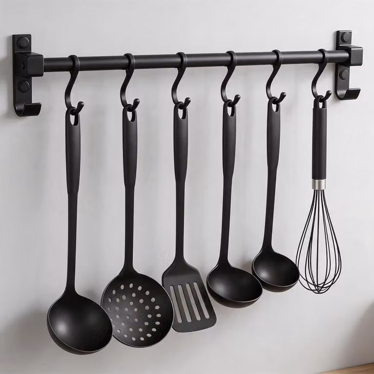 Barra per pensile da 40 cm, in alluminio, con ganci mobili, colore nero, per cucina