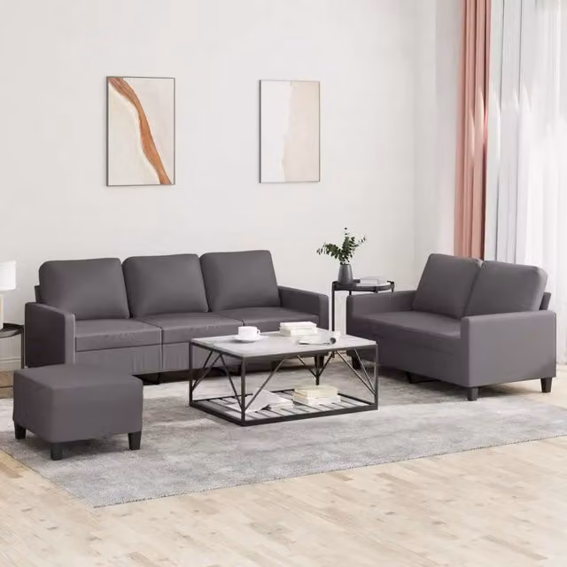 Set di divani moderno vidaXL in similpelle grigio composto da divano a 3 posti, divano a 2 posti e pouf con cuscini inclusi – 1